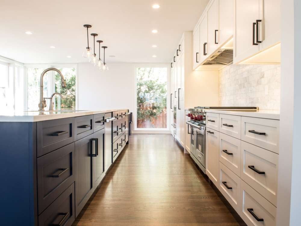 Kitchen Remodel with Navy Blue Island and White Cabinets in Boulder County, Colorado 