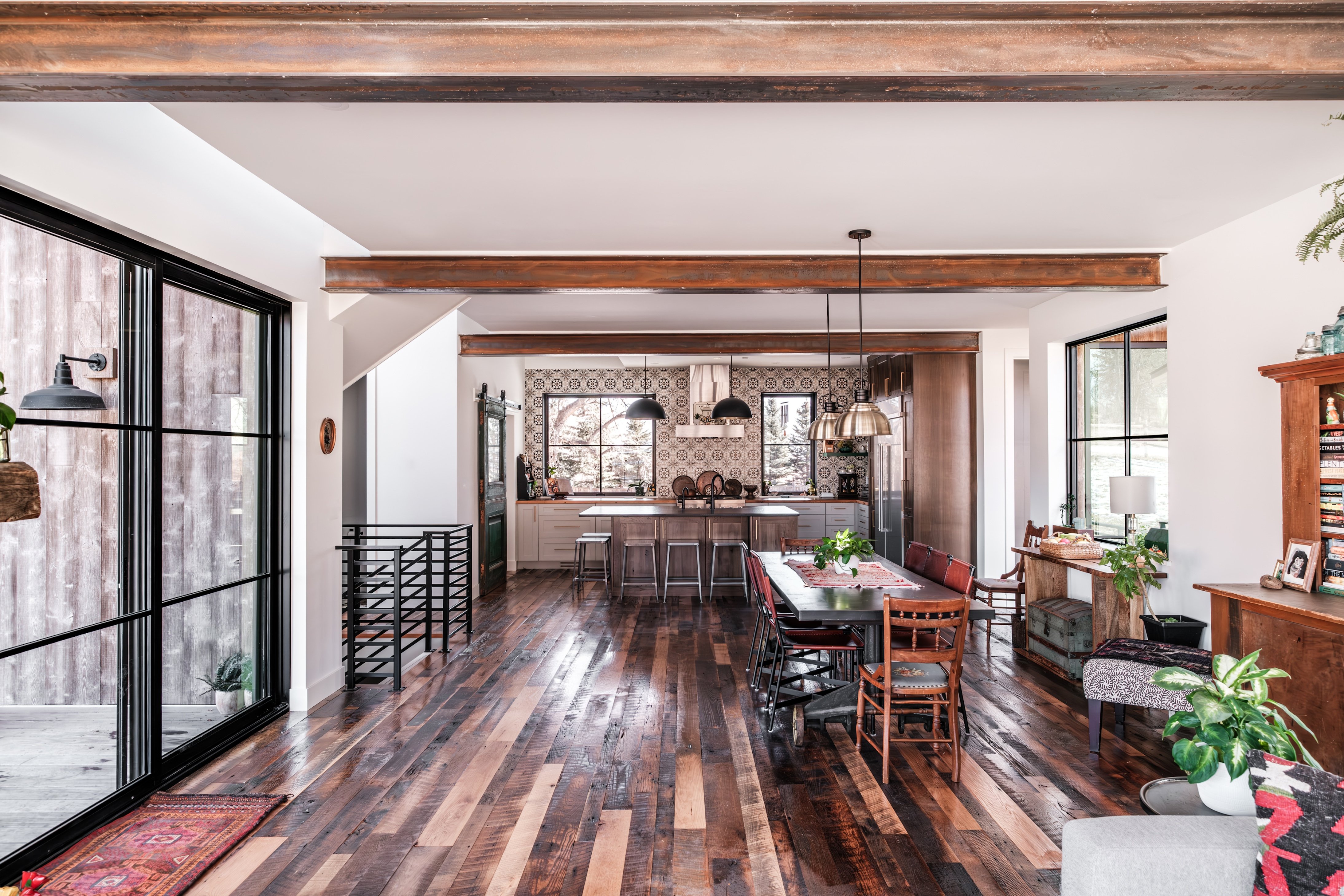 Dining room with wood beams 