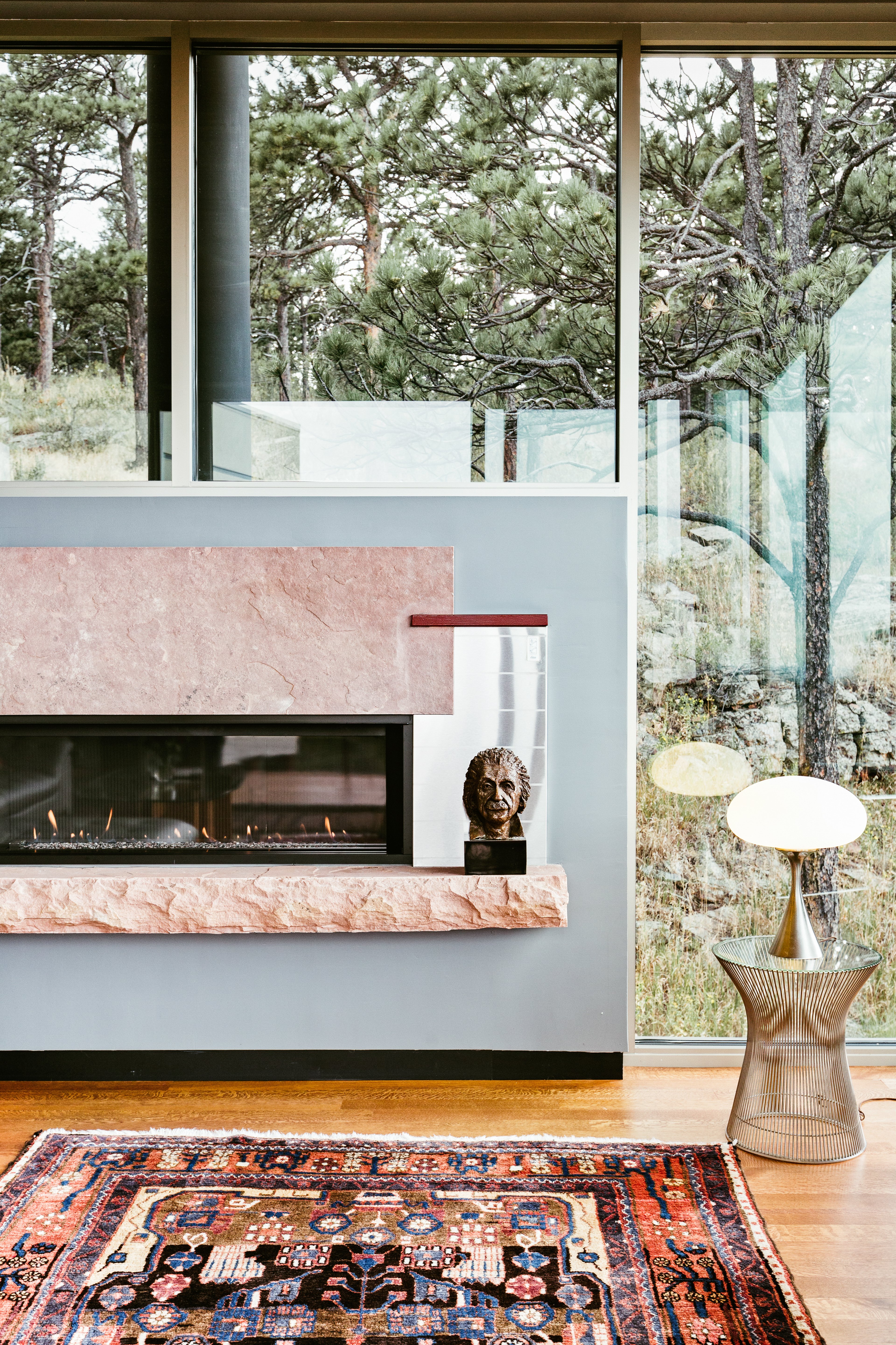 double sided built in fireplacae with stone surround