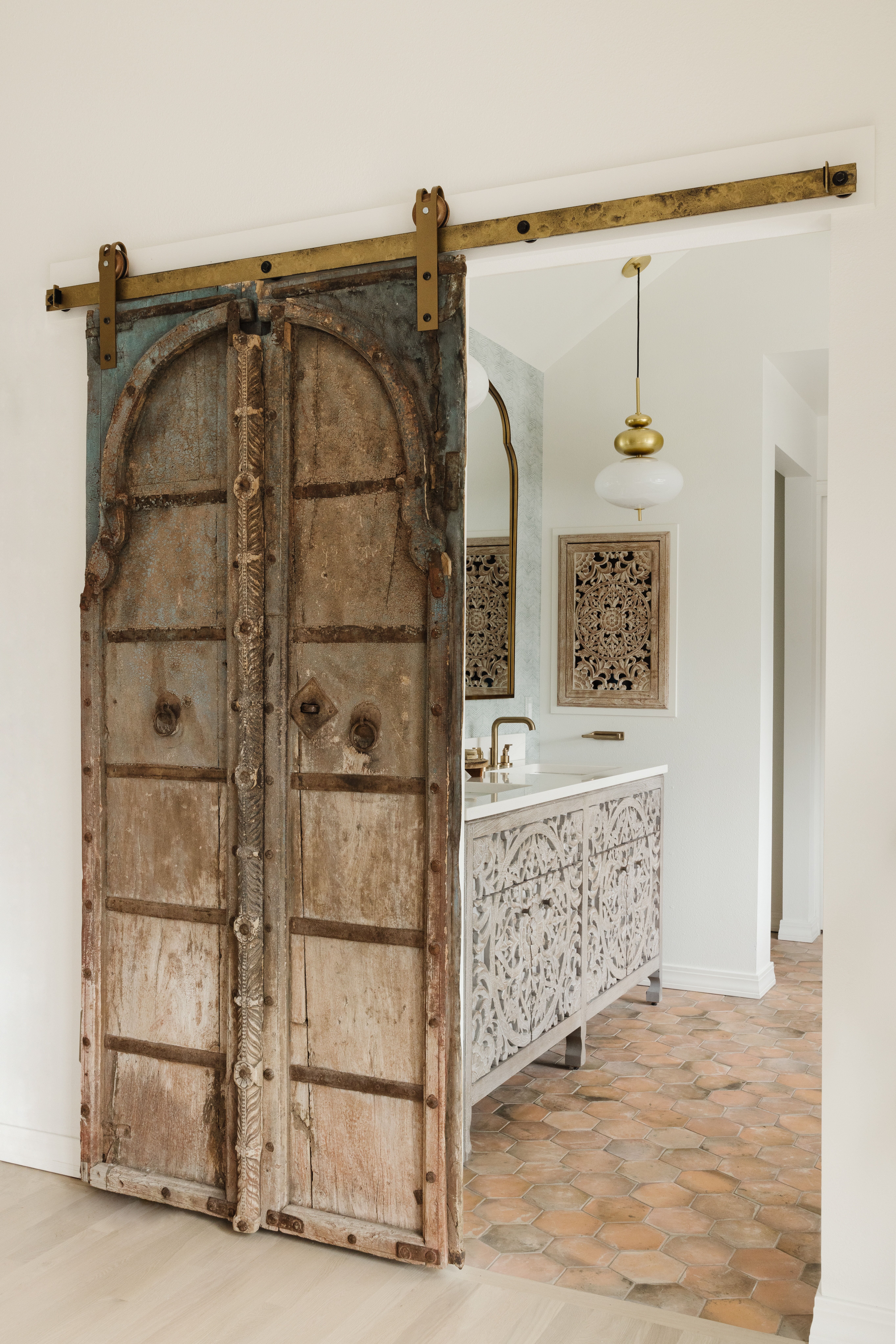 custom old vintage sliding barn door to master bathroom 