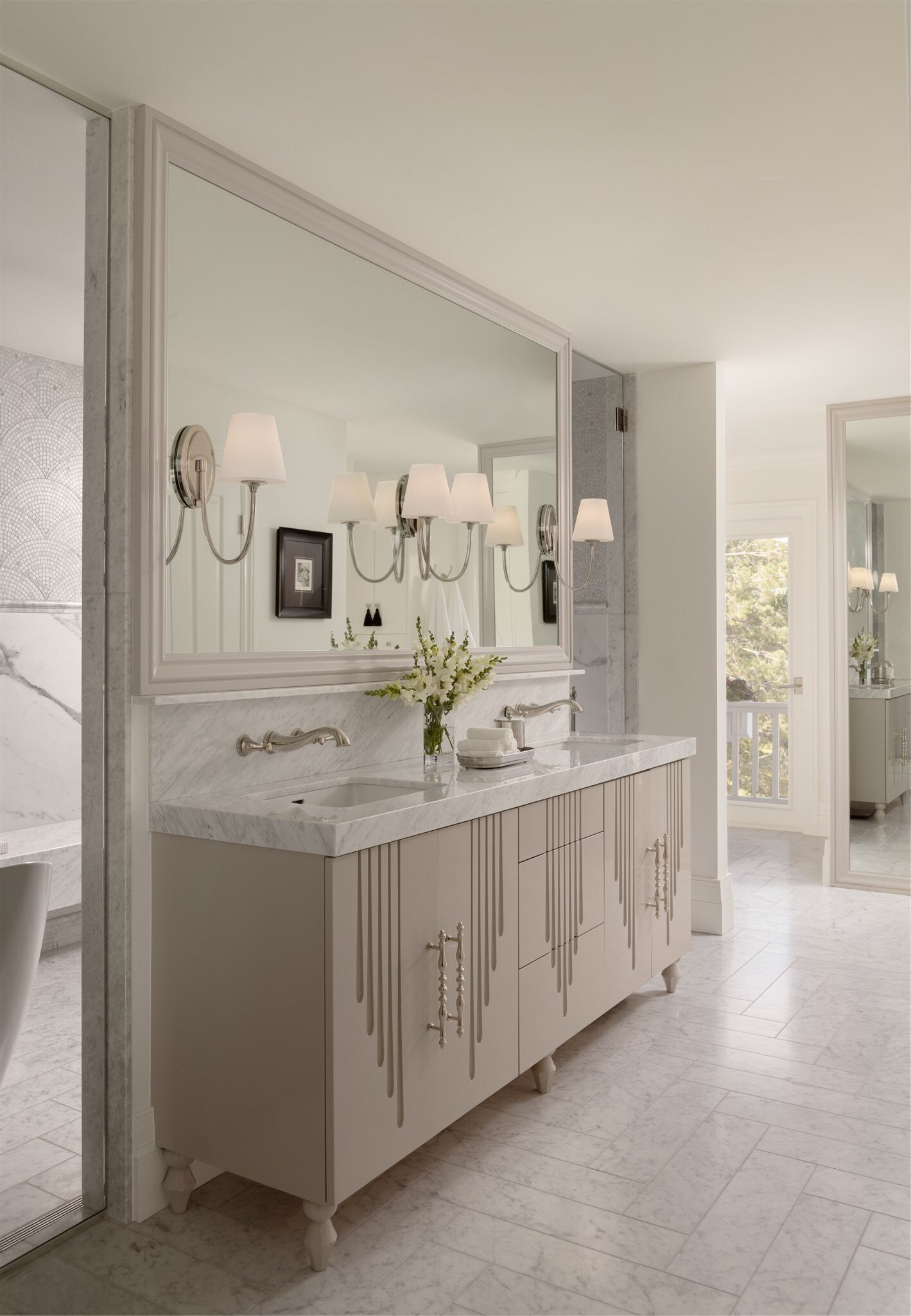 custom bathroom remodel with double sink vanity and all white design