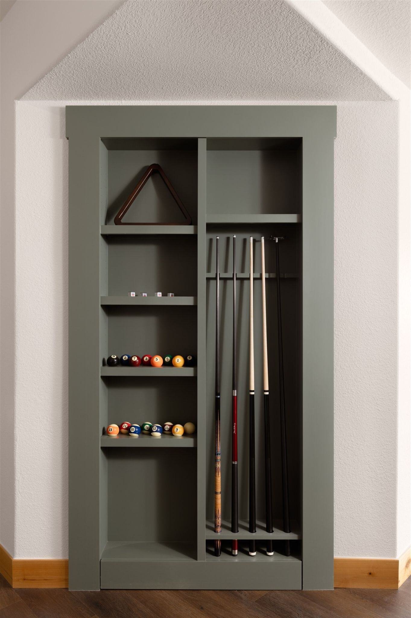 built-in pool supplies storage in colorado basement remodel